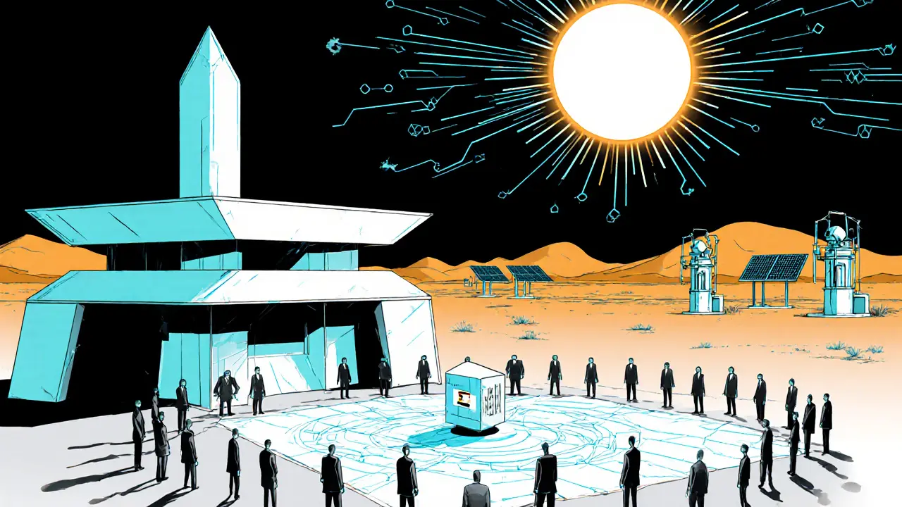 87 abstract figures gather around a holographic voting interface in a geometric metaverse building.