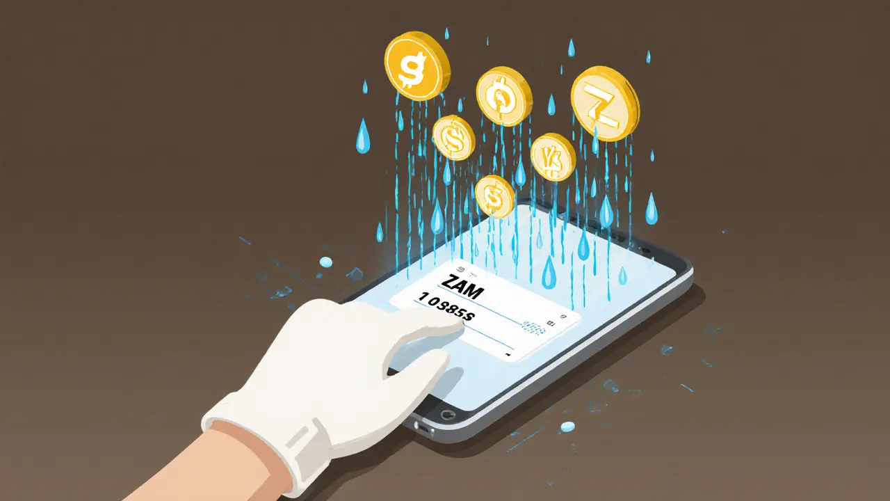 A smartphone transforms phone signals into tokens and water droplets, symbolizing accessible DeFi.