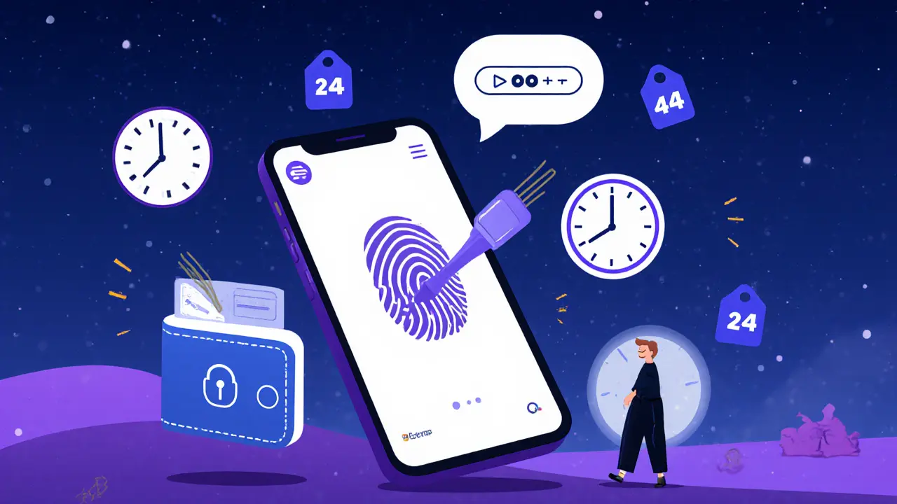 Mobile app with biometric unlock, cooling clock, and live chat timer, symbolizing secure and simple crypto trading.