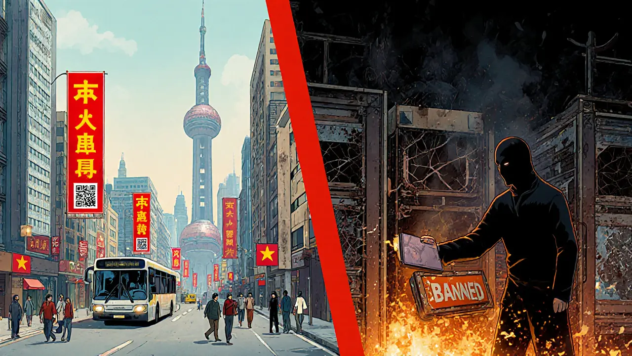 A divided city: digital yuan payments on one side, abandoned crypto mines on the other.