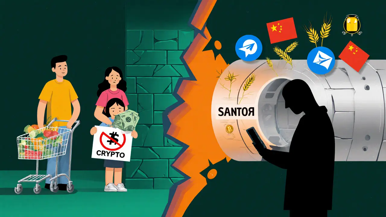 A family uses cash on one side; a shadowy figure trades Bitcoin via Telegram on the other, under sanctions.