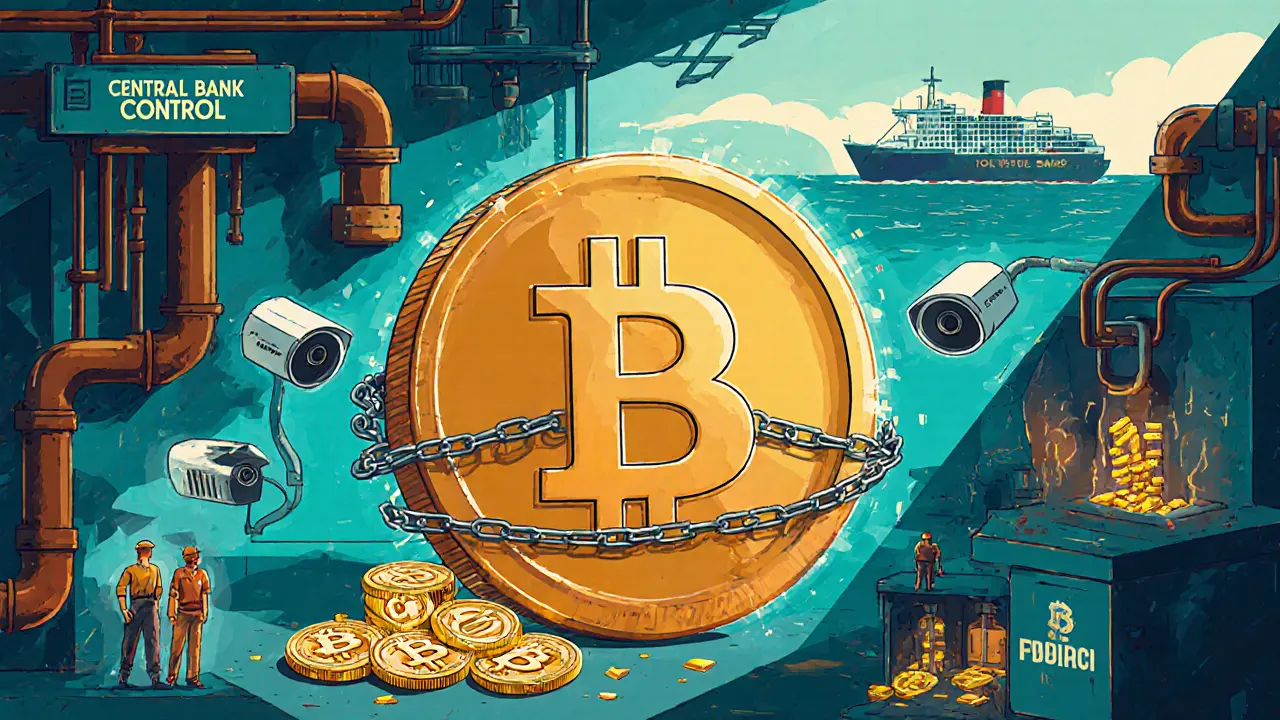 A giant digital ruble coin crushes Bitcoin symbols, with miners sending digital gold to international trade ships.