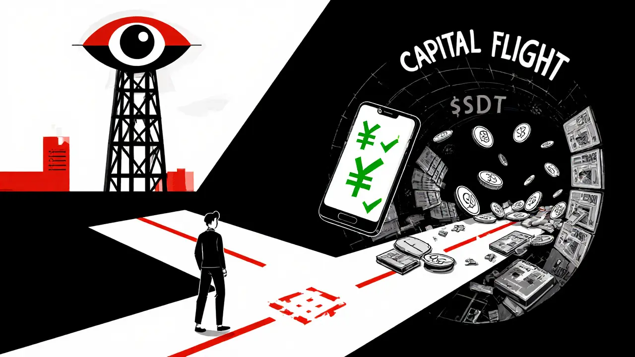 A person chooses between digital yuan and a shadowy crypto tunnel under watchful cameras.