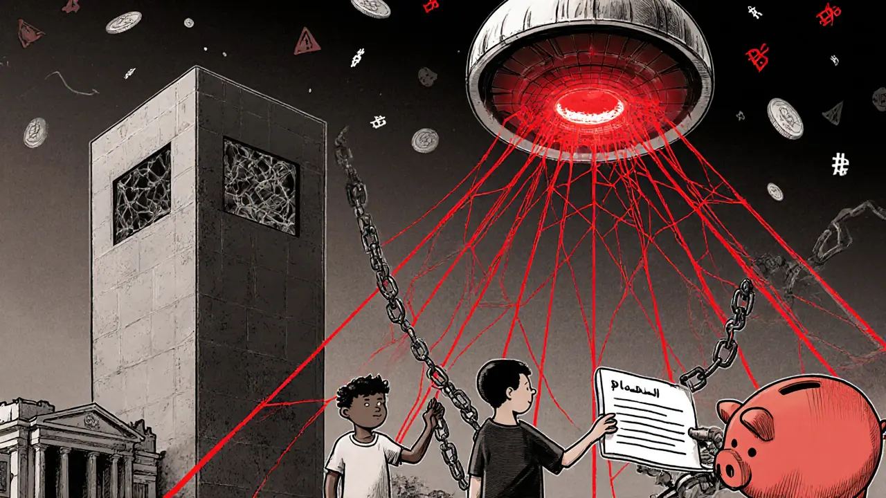 A state CBDC tower projects surveillance lines over citizens, freezing financial transactions with digital chains.