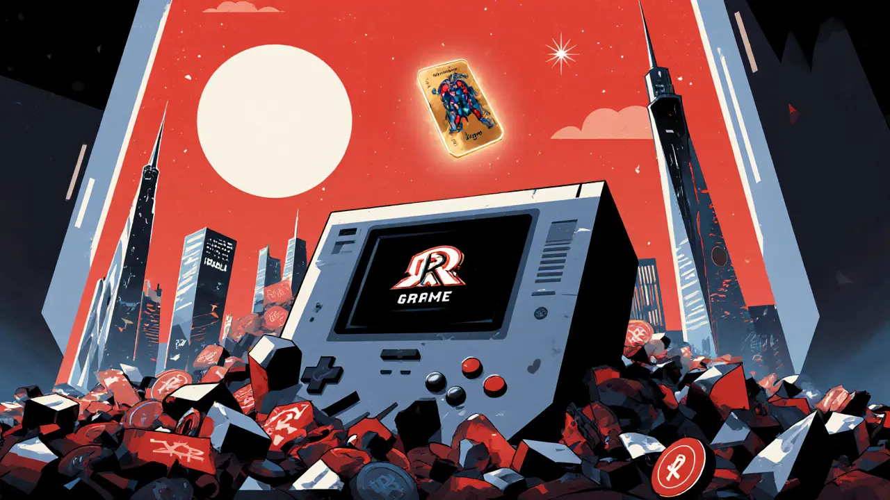 Abandoned game console with fading NFT floating above, new games rising in distance