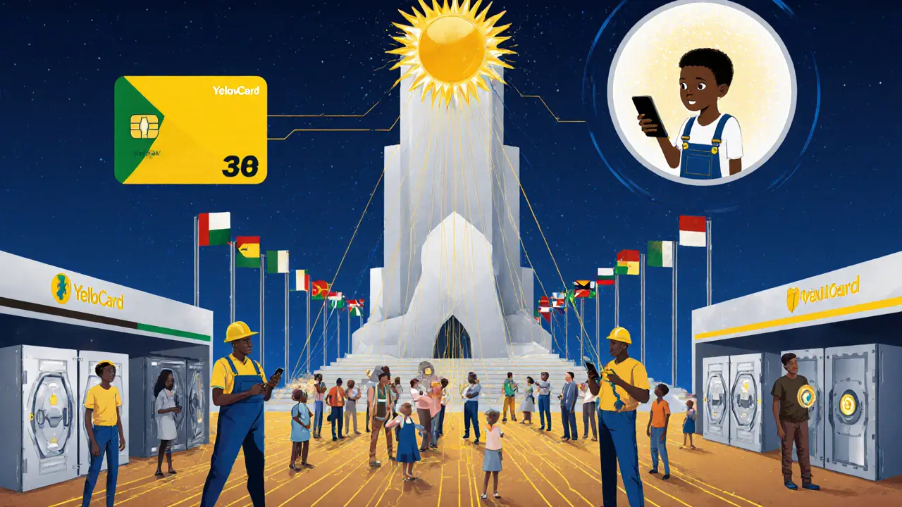 African digital marketplace with Yellow Pay connections and YellowCard monument, people trading crypto via phones.