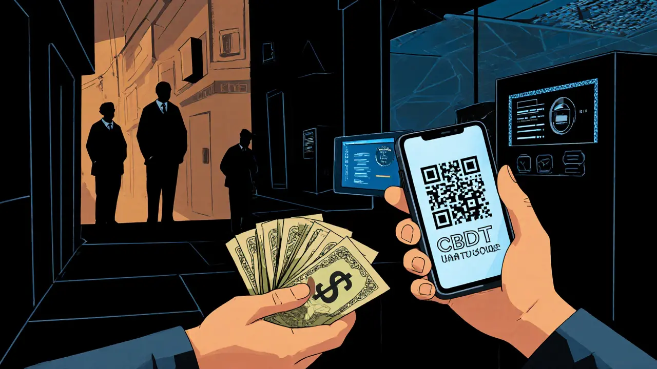 People secretly trade cash for digital tokens in a Baghdad market, glowing QR codes and shadowy observers.