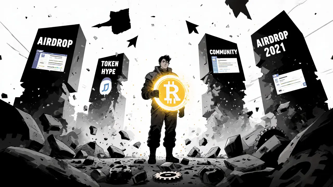 Player holding a glowing NFT as crumbling hype structures collapse around them