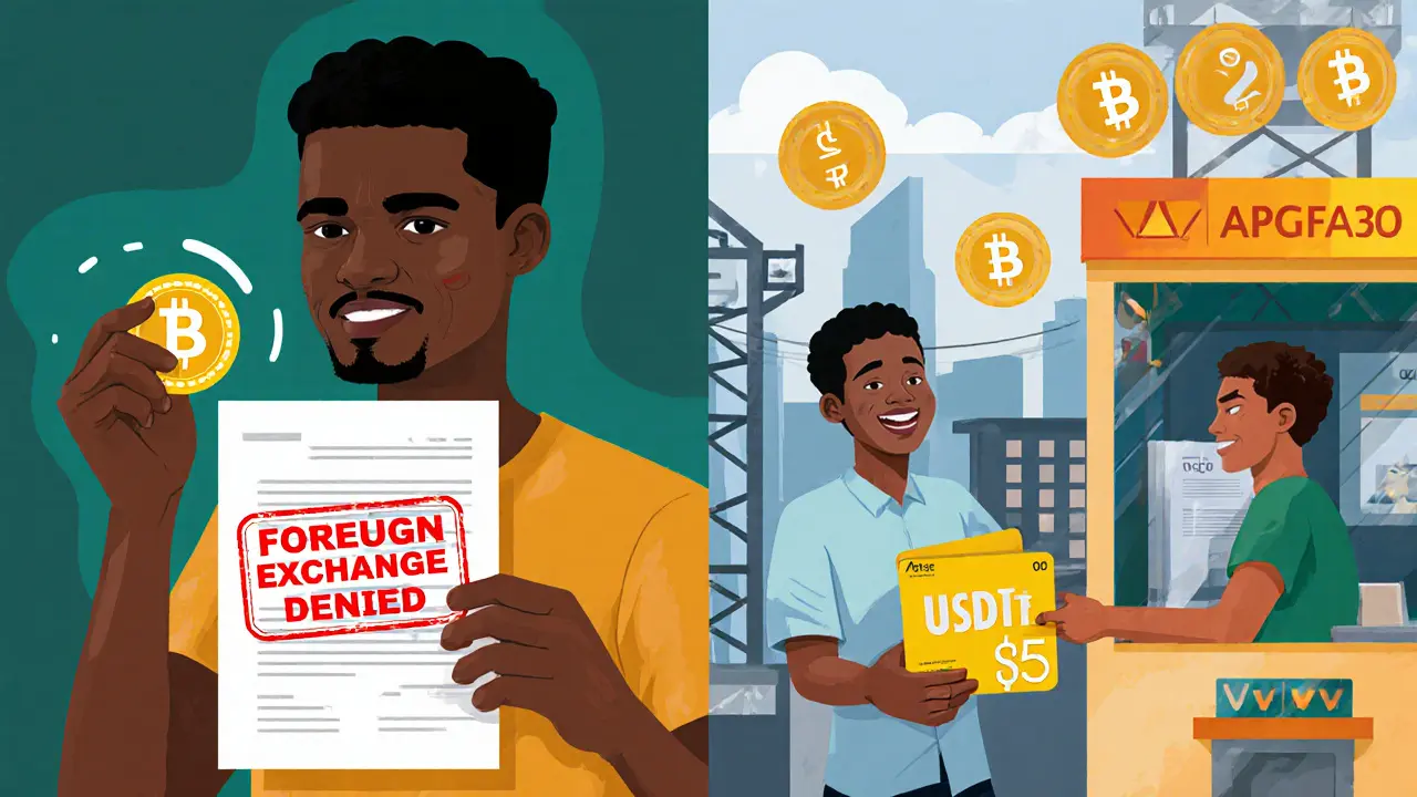 Split scene: man frustrated with bank denial vs. same man buying USDT at kiosk with instant cross-border transfer.