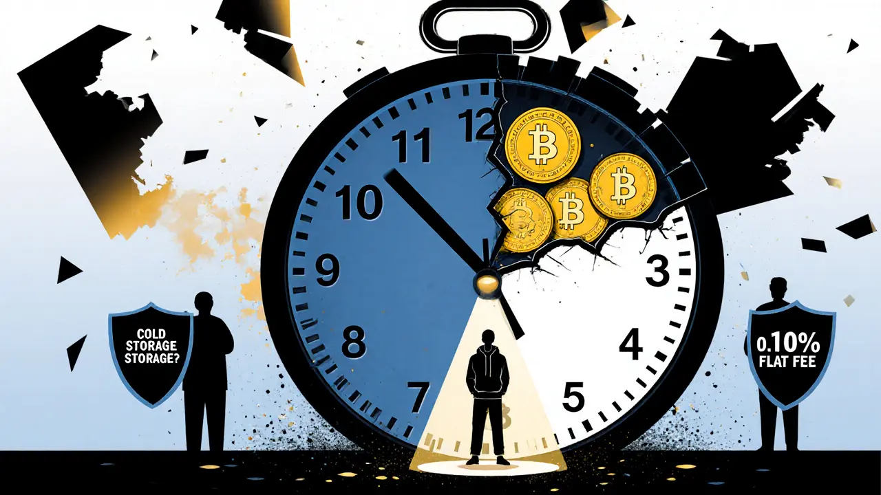 A broken clock made of crypto coins with missing security elements, under a spotlight labeled &#039;0.10% Flat Fee&#039;.