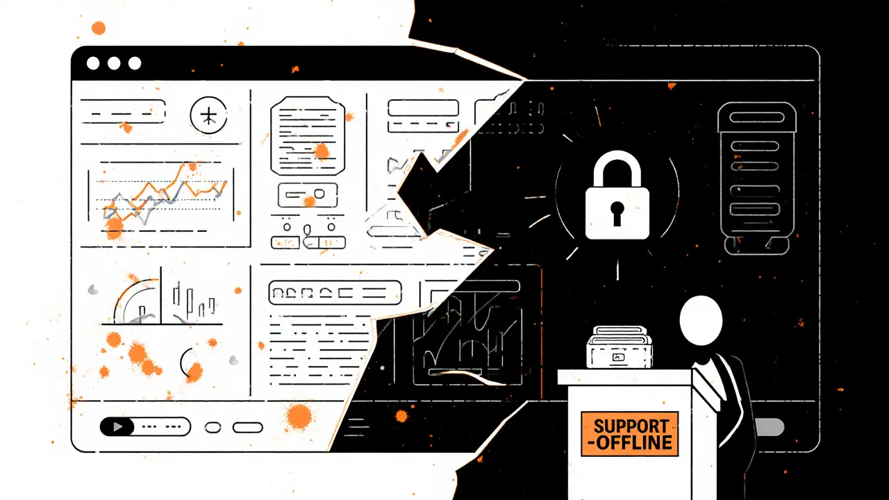 A broken crypto interface with missing deposit buttons and a silent support figure in geometric, monochrome Constructivist design.