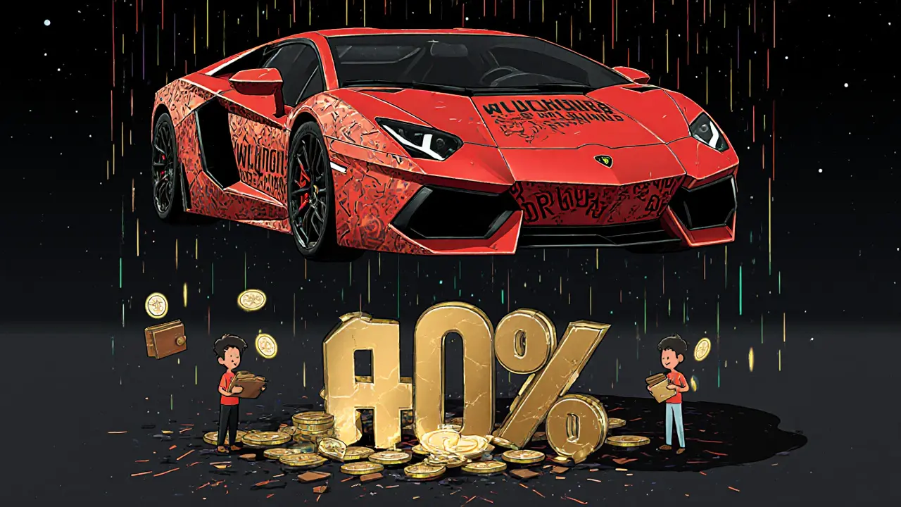 A Lamborghini made of WLBO tokens raining rewards on holders below, with a broken exchange at its feet.