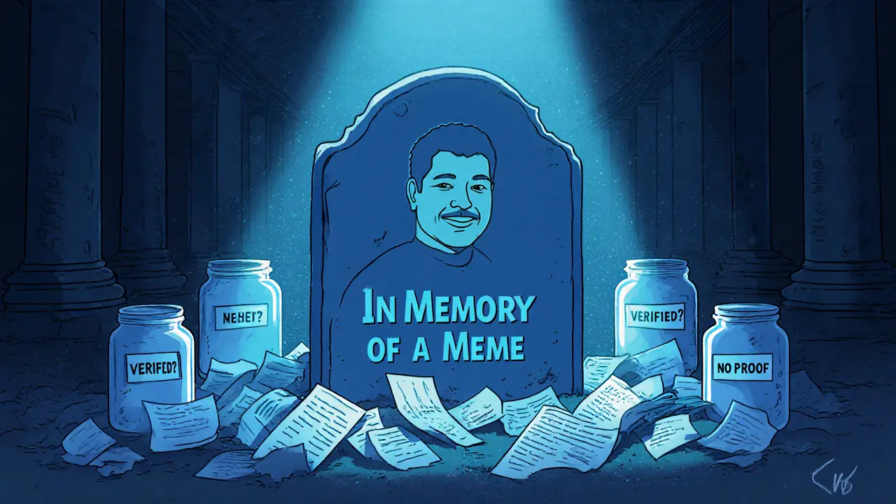 A memorial stone with Kabosu&#039;s face sits atop discarded crypto papers and empty donation jars under a dim light.