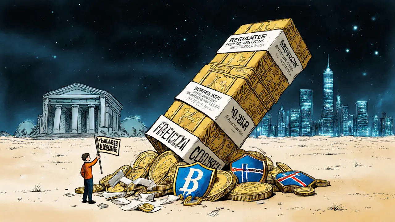 A toppled pyramid of obscure coins over a small user, with shattered regulatory shields and distant safe exchanges in the background.