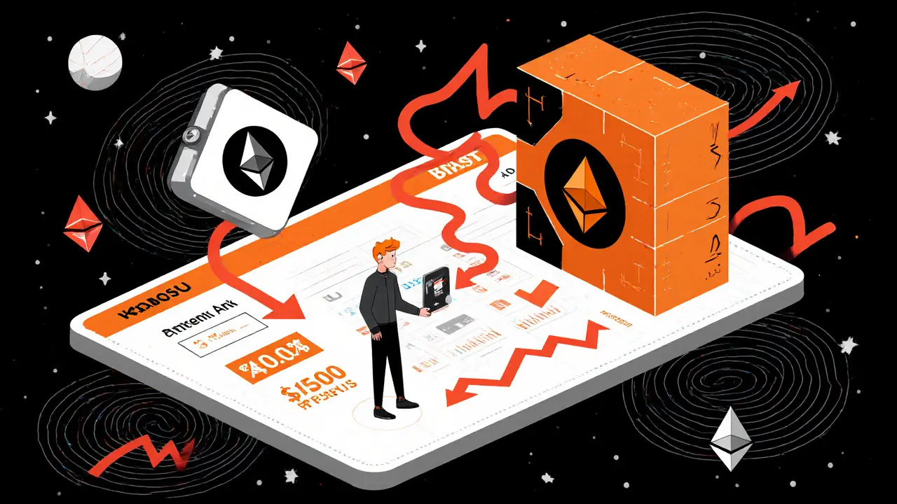 A wallet reaches for a tiny KABOSU token amid massive Ethereum blocks and falling price graphs in a chaotic digital space.