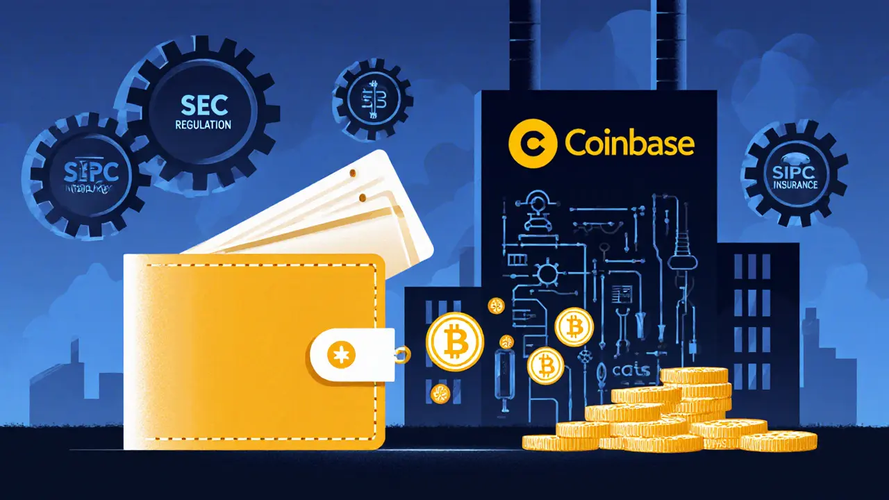 Bitcoin transferring to a hardware wallet while regulated factory and distant exchange tower loom in background.