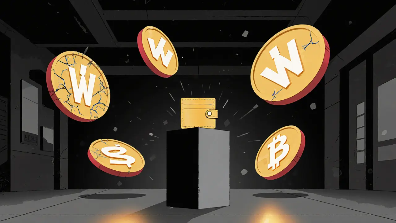 Empty trading floor with fading WLBO tokens and one small wallet receiving invisible rewards.