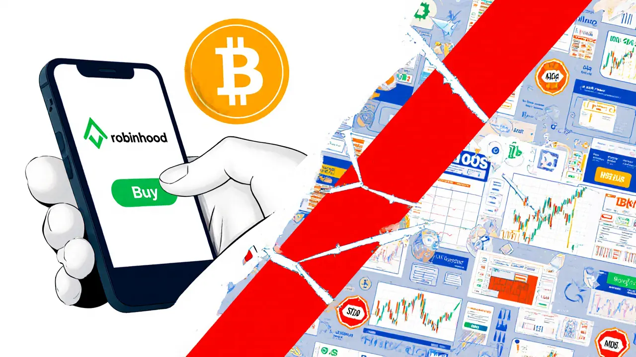 Split illustration: simple Robinhood buy action vs. complex trading tools marked &#039;Missing&#039; with a red slash.