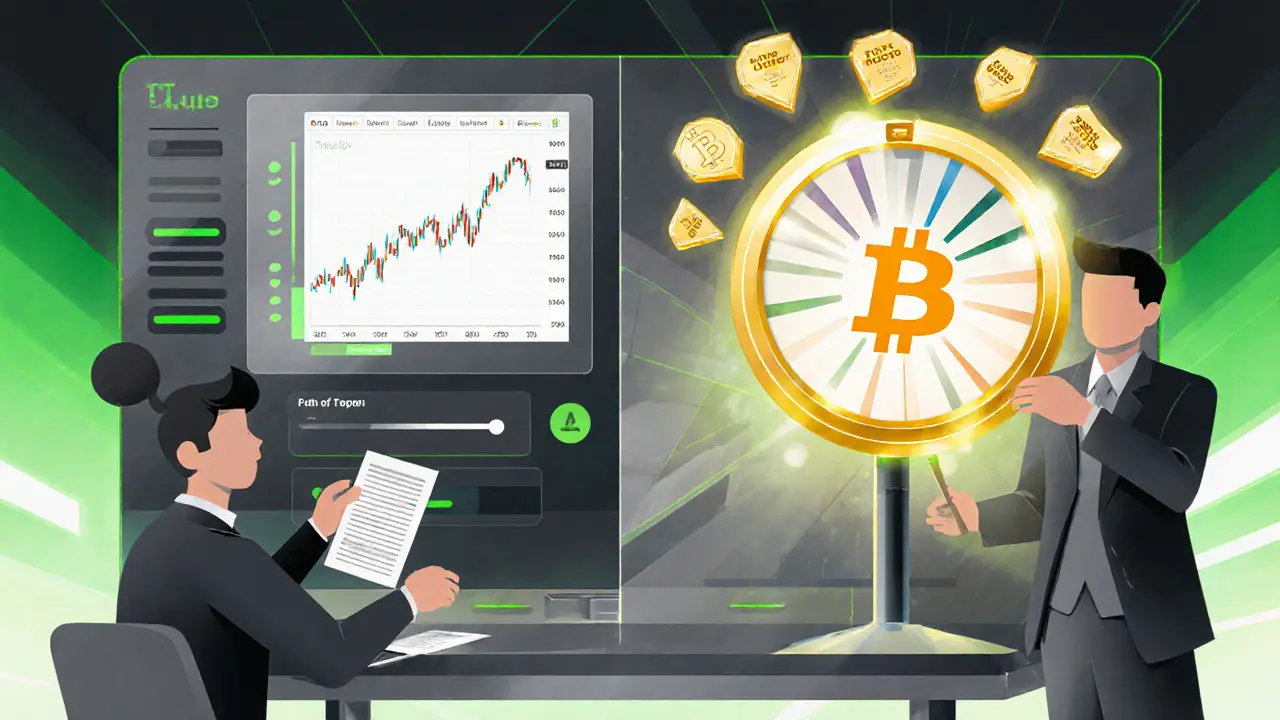 Split scene of paper trading and collateral adjustment with a spinning SuperLotto wheel above, rendered in bold Constructivist shapes.