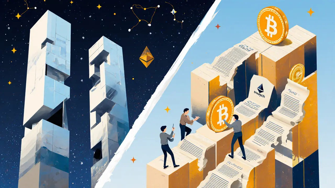 Swych PDEX structure facing larger GMX and dYdX monoliths, with traders ascending and SWYCH tokens forming a protective shield.