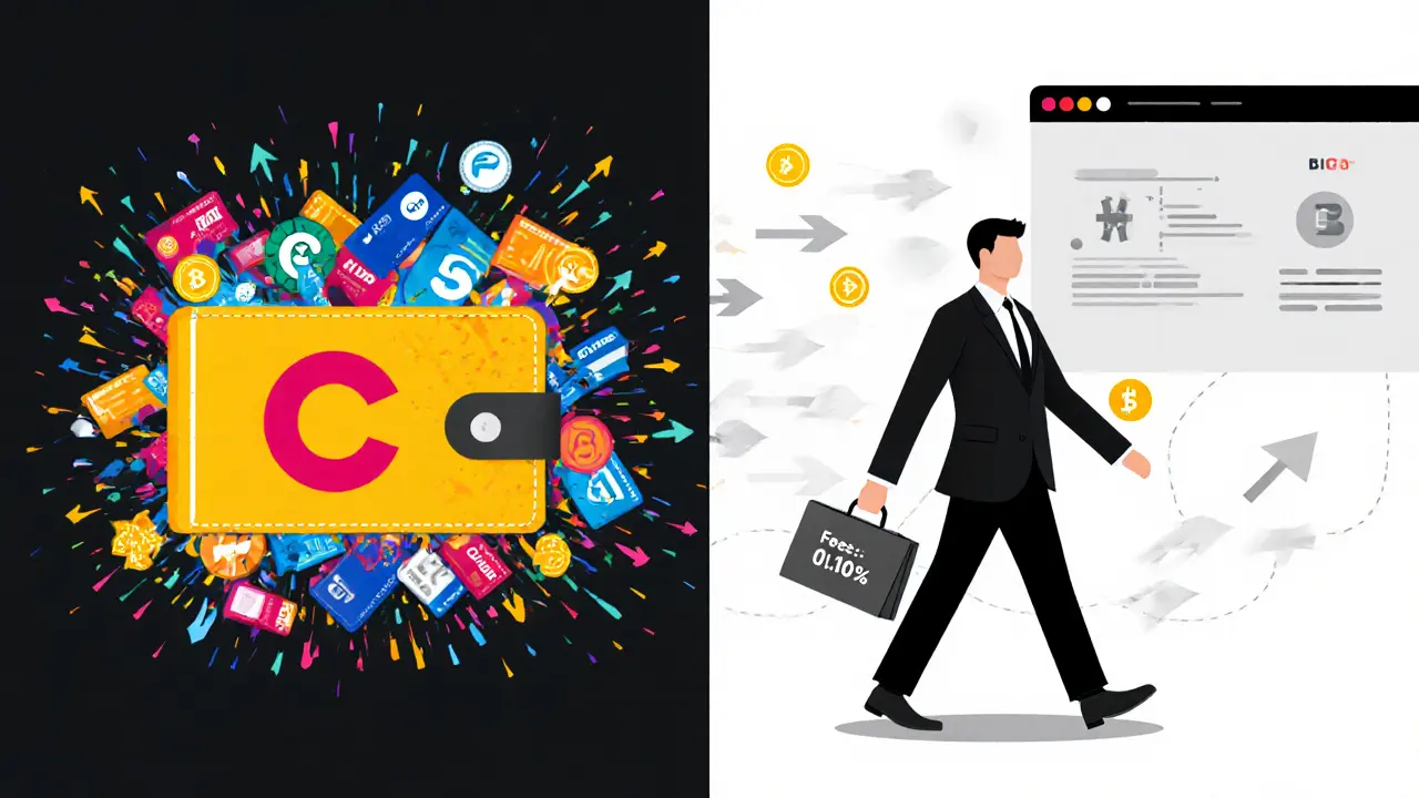 Two contrasting scenes: chaotic fiat on one side, clean crypto trading on the other, in bold Constructivist illustration.