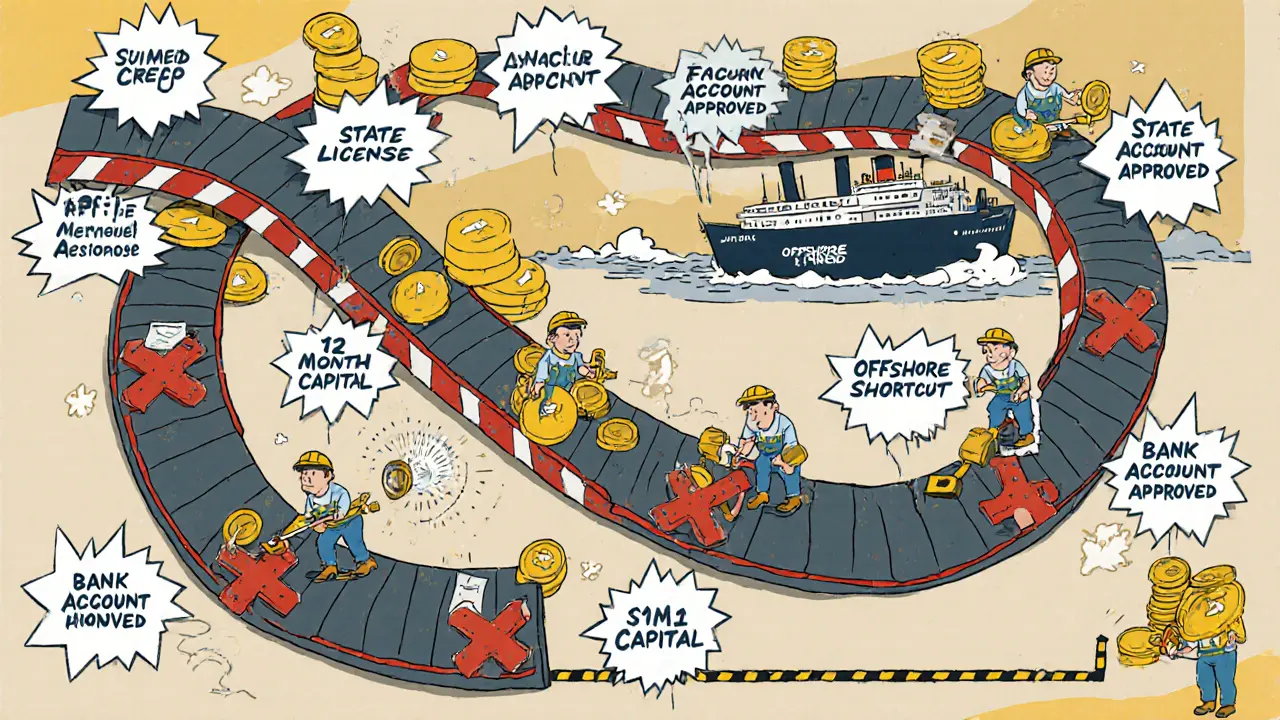 A 12-month regulatory journey on a factory conveyor belt with obstacles and a sinking offshore ship.