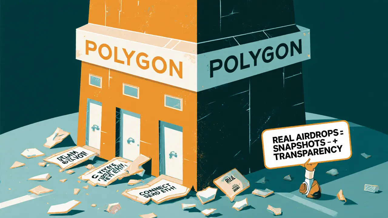 A blockchain tower with verified portals, crushing fake airdrop signs underfoot.