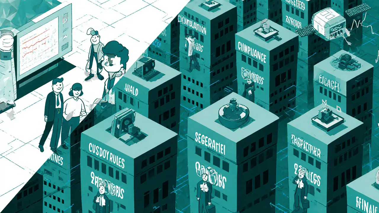 A crypto platform&#039;s surface glamour contrasted with its hidden compliance infrastructure.