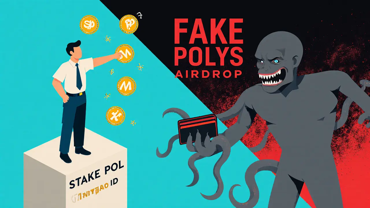 An investor choosing legitimate Polygon airdrops while avoiding a shadowy scam figure.
