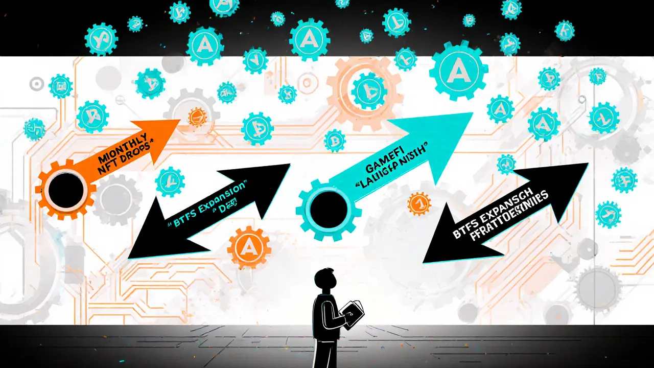 Futuristic roadmap mural with gears and arrows pointing to APENFT milestones as tokens rain from above.