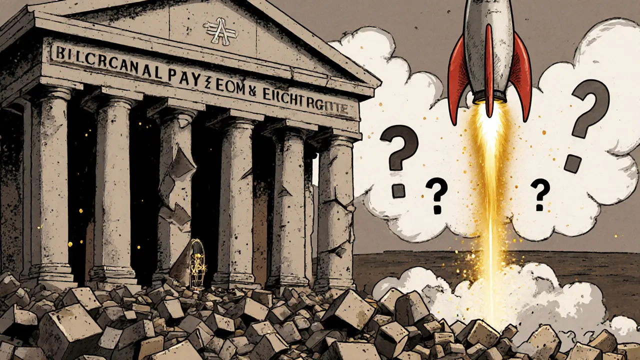 Small rocket labeled Stella launches from crumbling exchange as regulatory clouds loom.