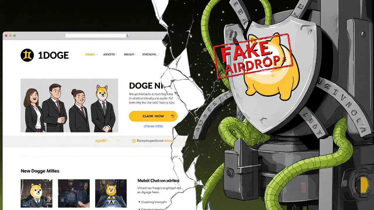 Split-screen illustration of a fake 1DOGE website turning into a machine that steals crypto from wallets.
