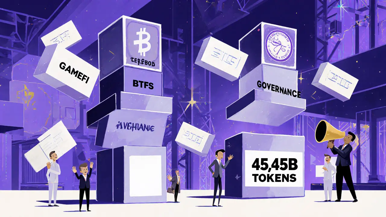 Stylized NFT marketplace with towering block sculptures and voting figures under a massive token label.