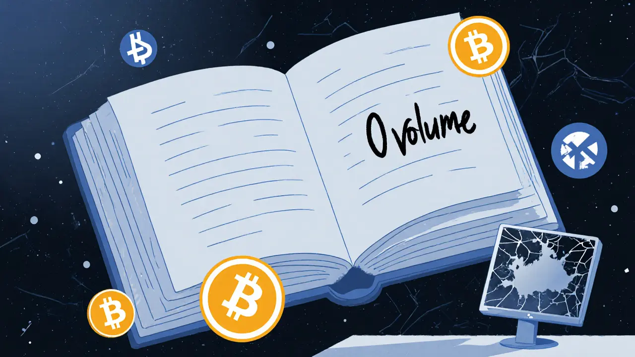 A blank digital ledger with &#039;0 Volume&#039; surrounded by glowing trusted exchanges, rendered in angular Constructivist style.