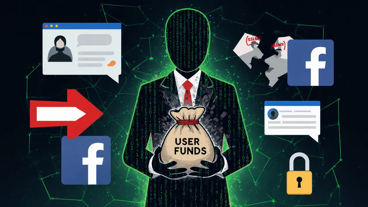 A faceless figure dissolving user funds into ash, surrounded by empty support icons, in dark Constructivist cartoon style.