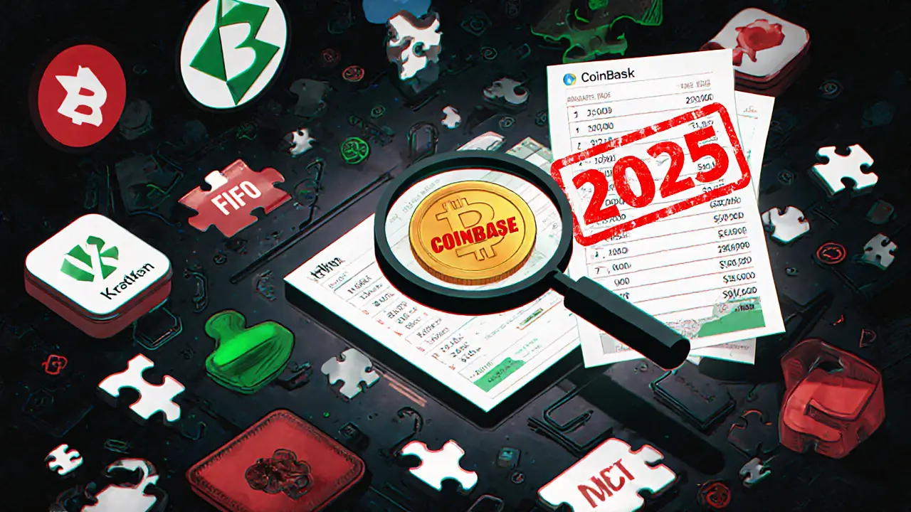 Cluttered desktop with wallet icons and transaction logs, magnifying glass over a coin marked &#039;FIFO&#039;, giant &#039;2025&#039; stamp crushing averaged cost basis paper.