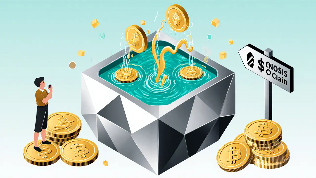 Crystalline liquidity pool with tokens flowing into yield protocols, golden compound interest waves, and a  coin at its base.