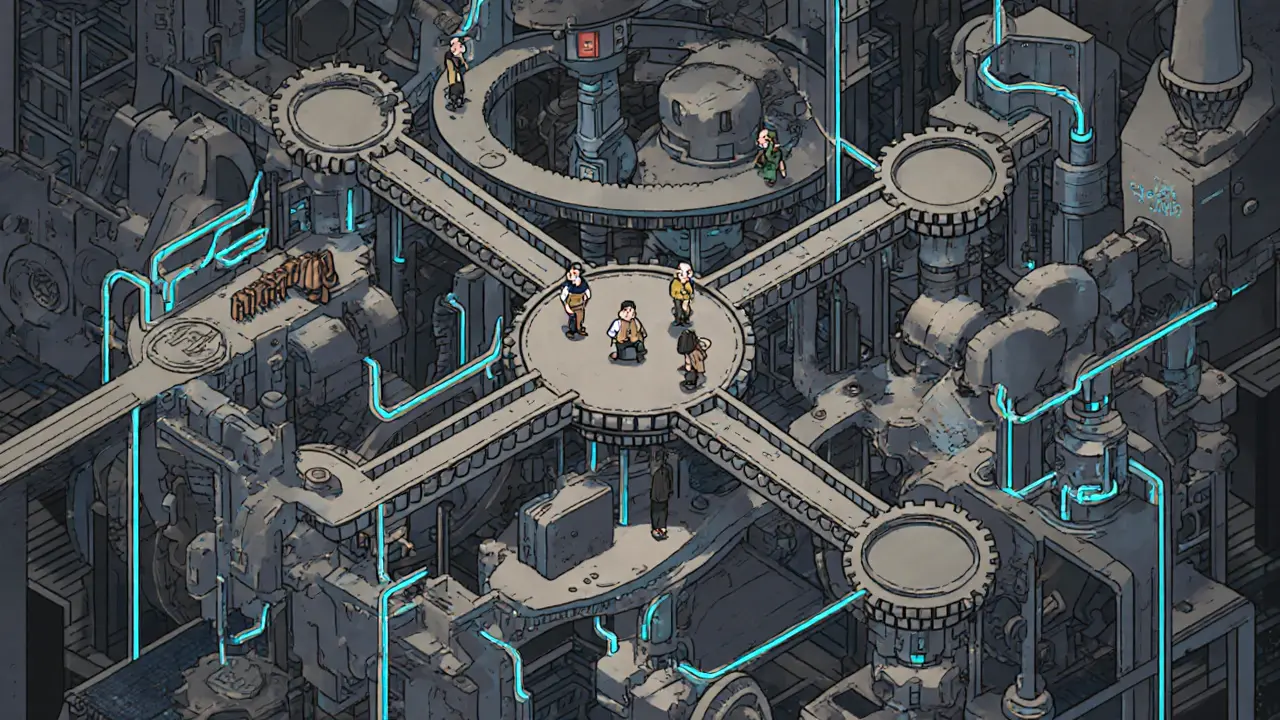 Mechanical DeFi system of gears and bridges connecting blockchains, with tiny figures trading across it.
