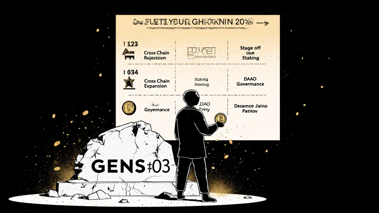 One person holding a nearly worthless GENS token before a fading roadmap to Genshiro&#039;s future vision.