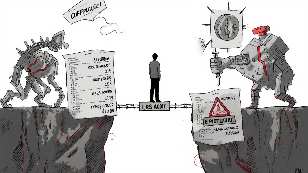 Taxpayer on fragile receipt bridge facing IRS audit chasm, DeFi and staking monsters rising behind, muted grays with crimson accents.