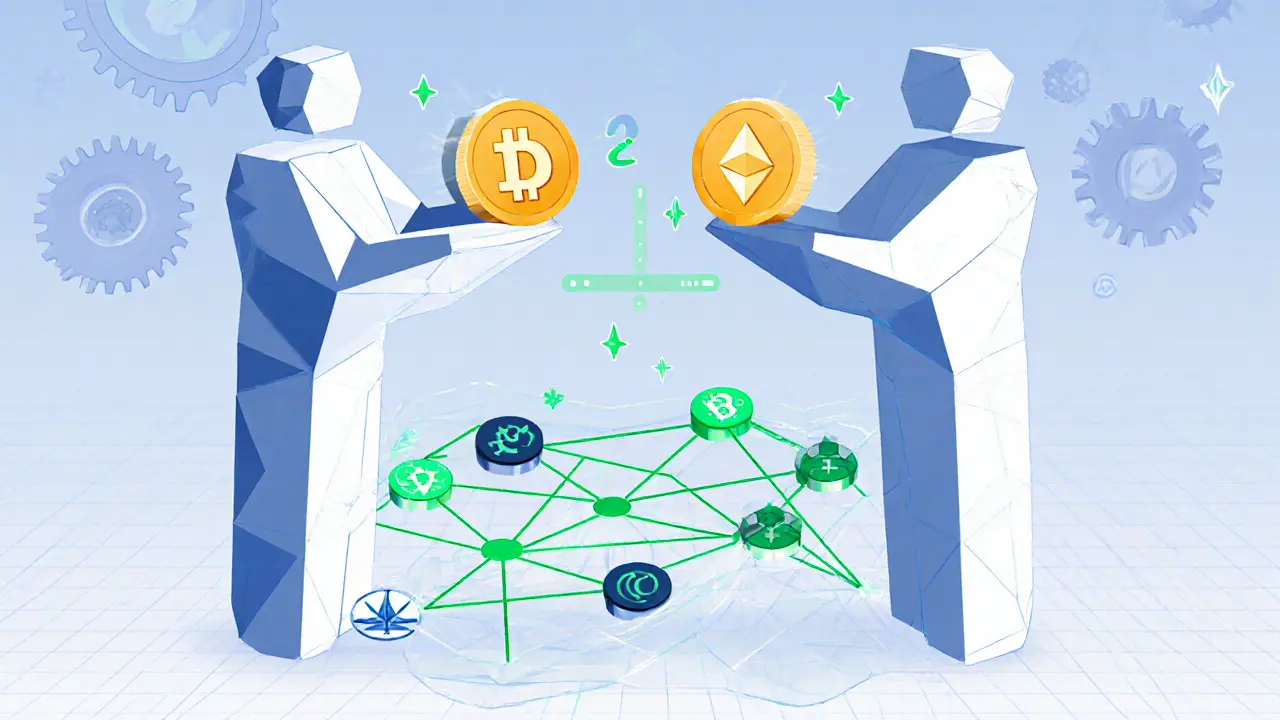 Two abstract figures exchanging DAI directly, with six blockchain networks as lattices below them and zero-fee icons floating nearby.