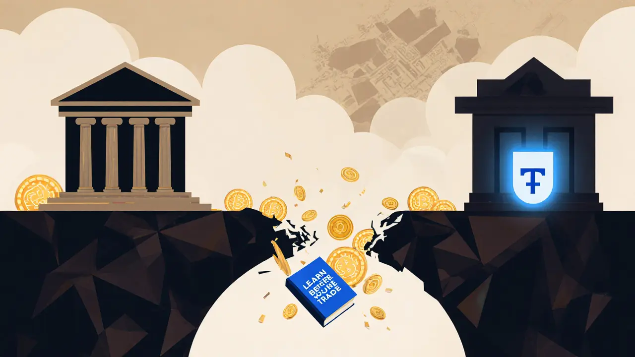 A broken bridge between local and international crypto exchanges, with an educational book glowing on the Iranian side.