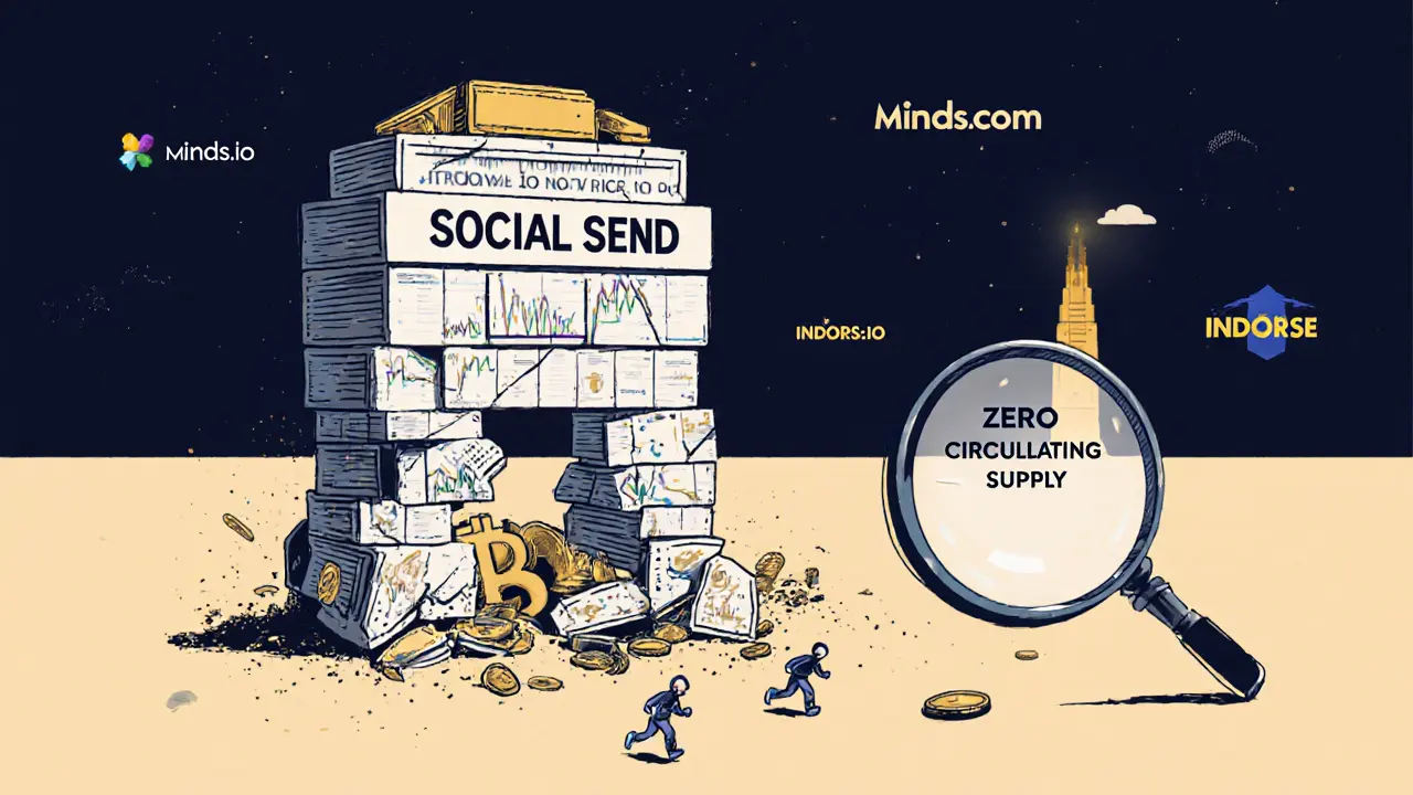 A crumbling monument of fake price charts collapses as tiny figures flee, while real platforms glow safely in the distance.