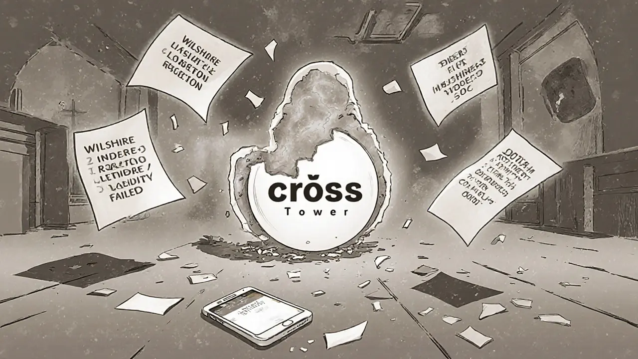 A ghostly CrossTower logo above an abandoned office, with shattered app icons and rejection papers swirling in a windstorm of collapse.