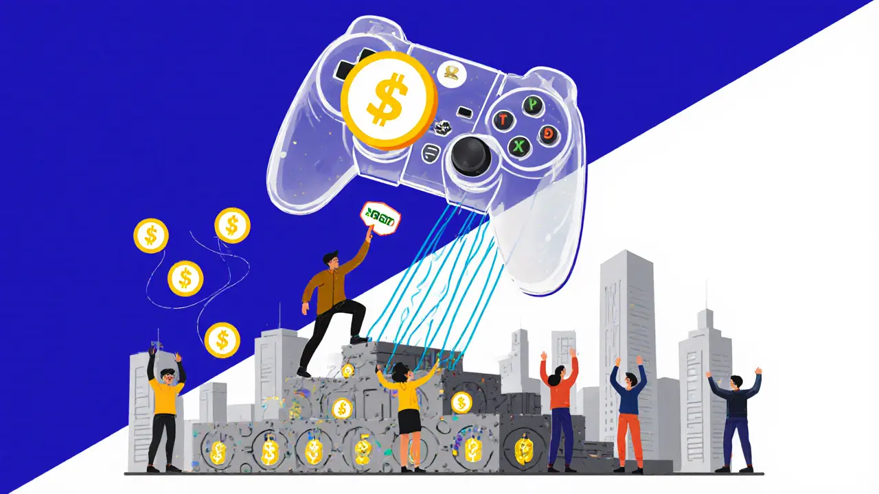 A giant game controller above a metaverse city, with $BULL tokens flowing upward toward a CoinMarketCap logo.