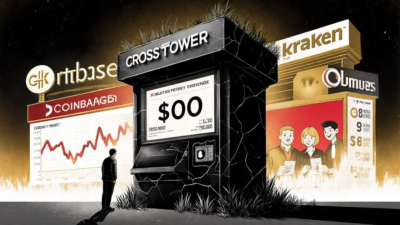 A solitary figure facing an empty CrossTower kiosk while other exchanges glow brightly in the background, representing retail abandonment.