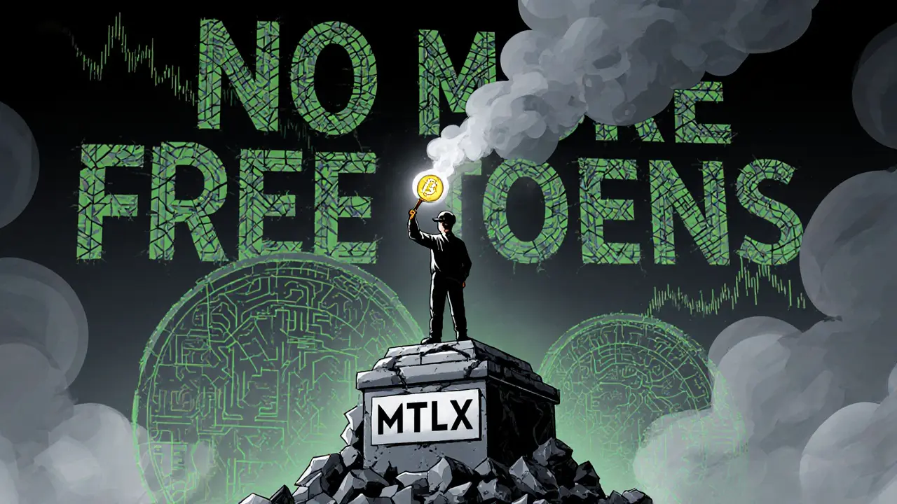 A worker holds an MTLX token as a DeFi trading engine activates beyond a fallen airdrop monument.