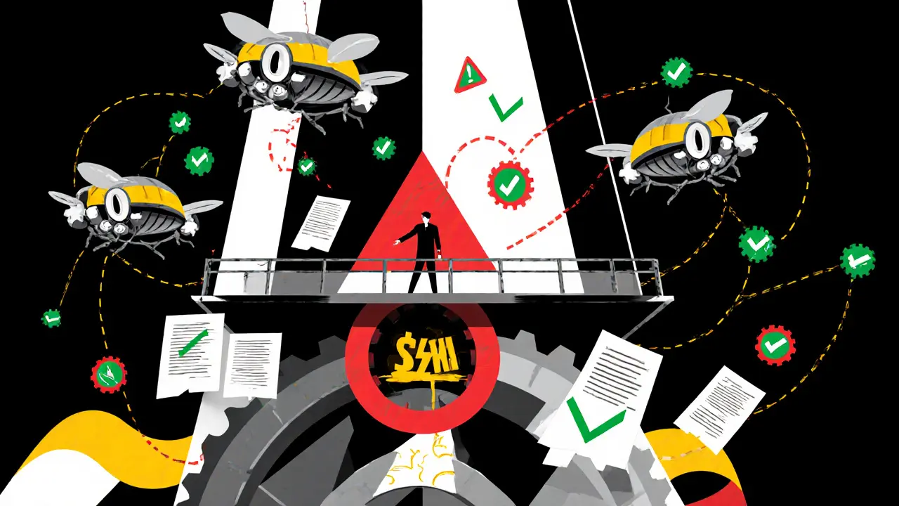 Automated scanners surround a blockchain tower while a human points out a critical flaw with leaking funds.