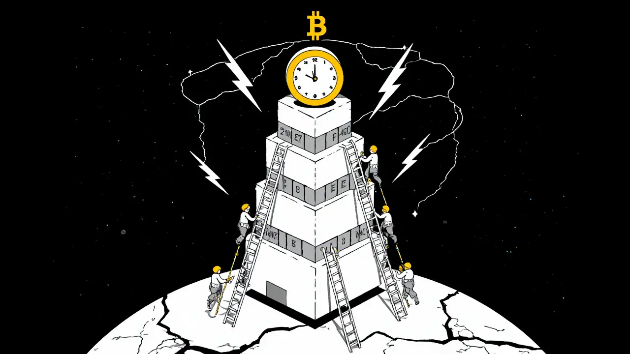 Blockchain tower with halving levels, miners climbing, Lightning Network bolts around it, golden Bitcoin at top.