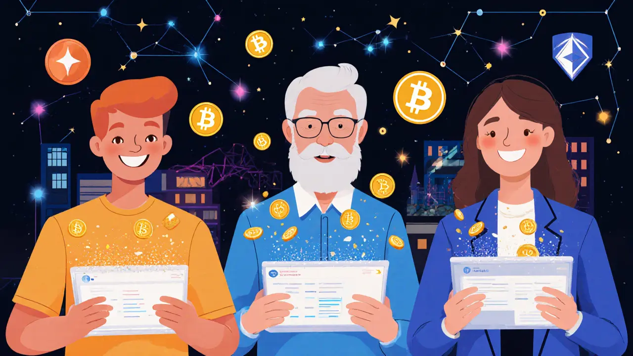 Diverse users completing fast, fee-free crypto swaps on tablets with TON tokens floating nearby, constructivist background.